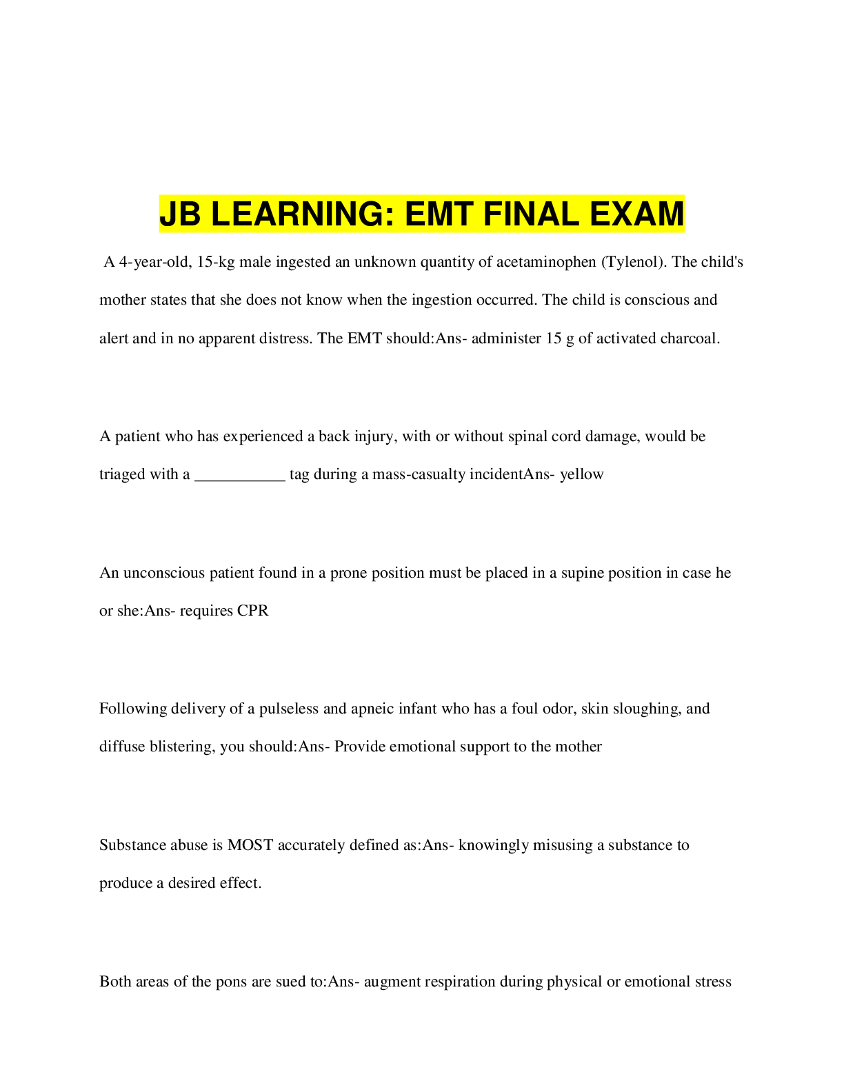 Preview image for JB LEARNING: EMT FINAL EXAM
